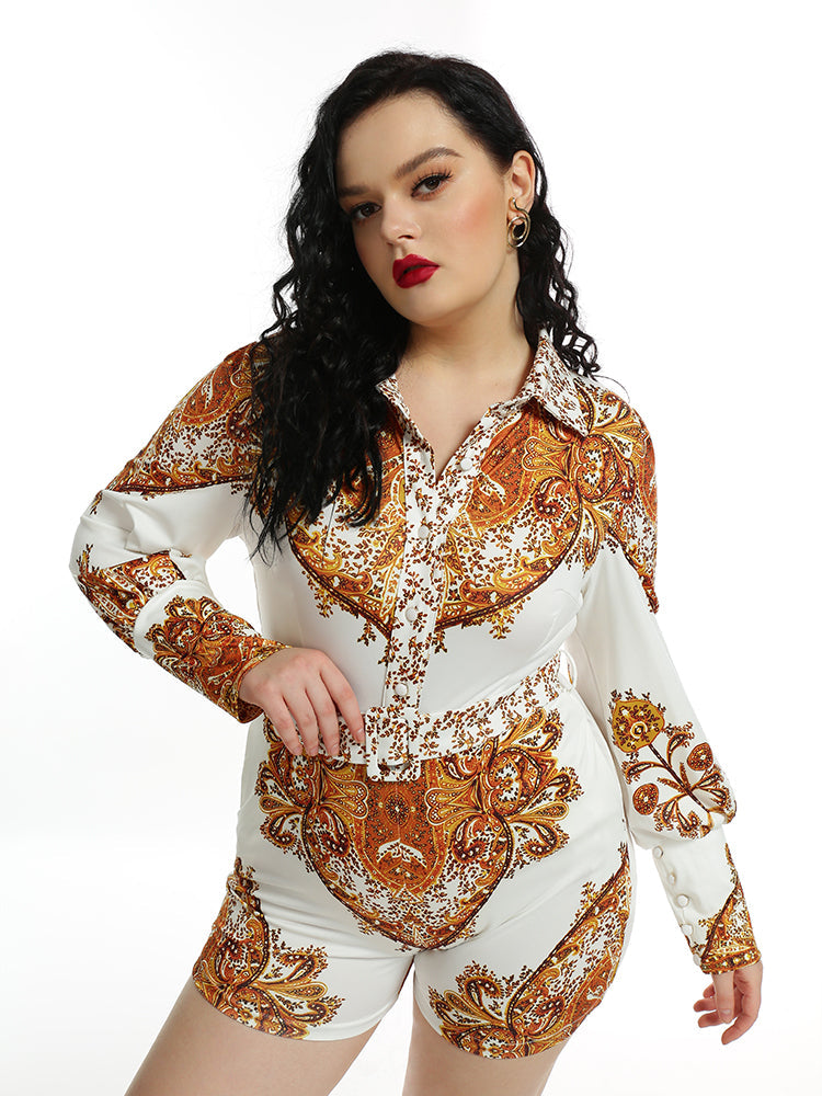 Vintage Paisley Printed Lapel Collar Jumpsuit