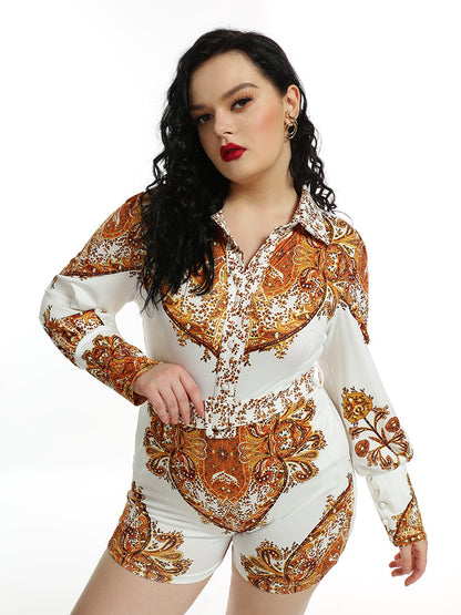 Vintage Paisley Printed Lapel Collar Jumpsuit