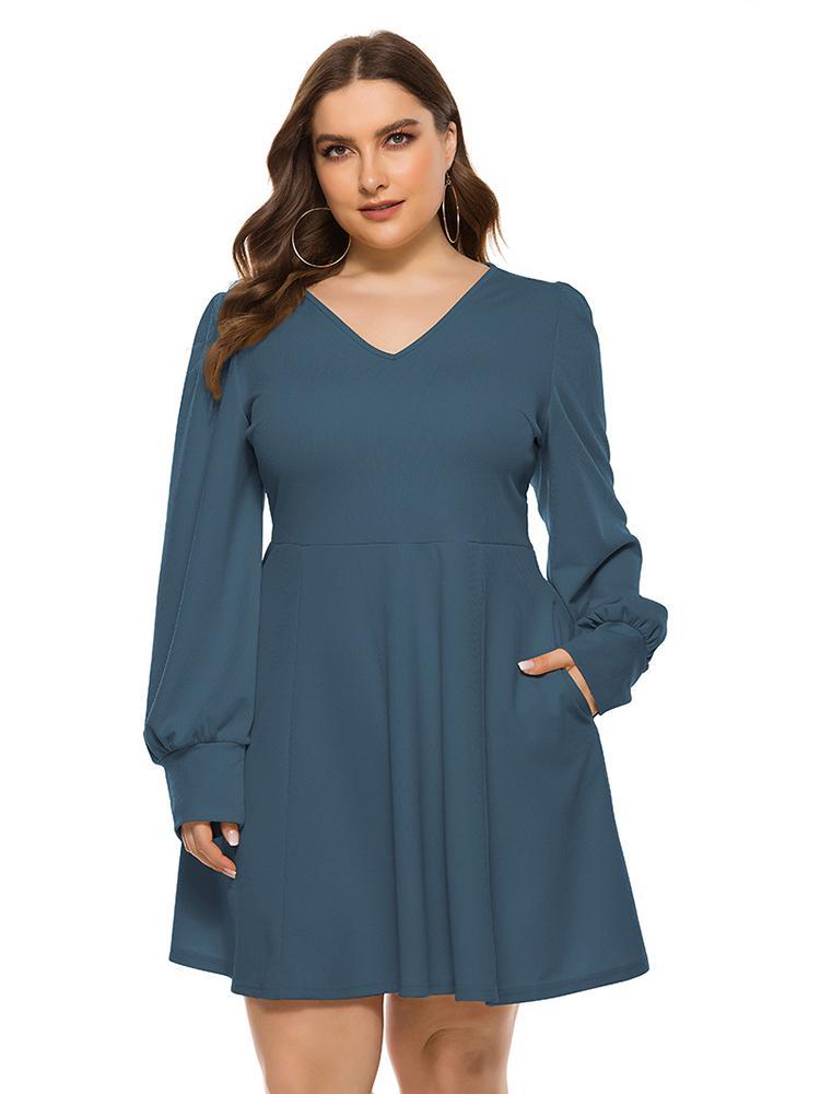 V-neck Lantern Sleeve Solid Color Dress