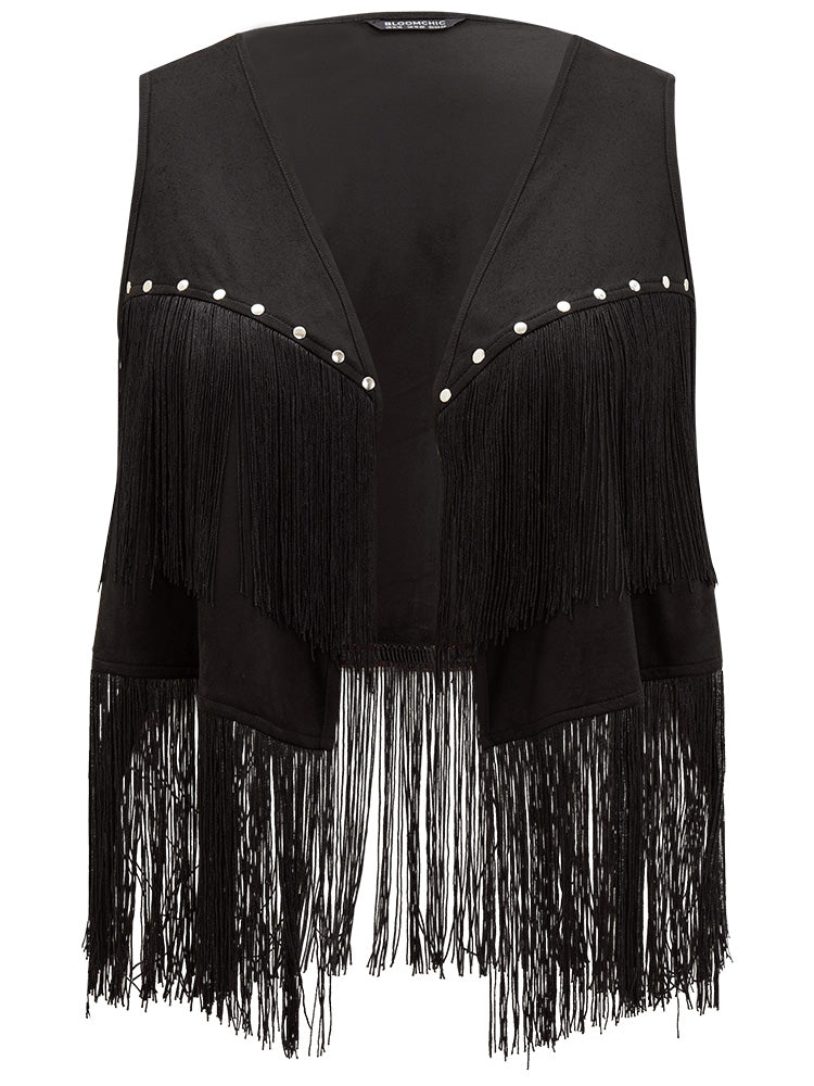 Plain Tassel Trim Rivets Sleeveless Jacket