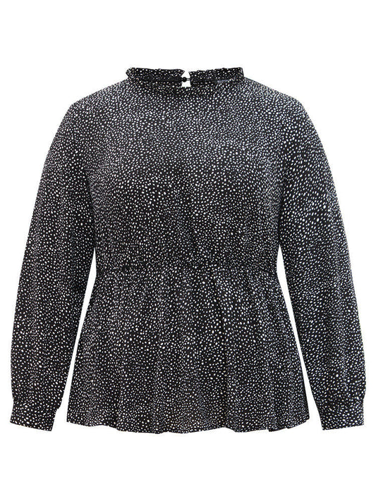 Polka Dot Chiffon Frill Trim Cut Out Elastic Waist Blouse