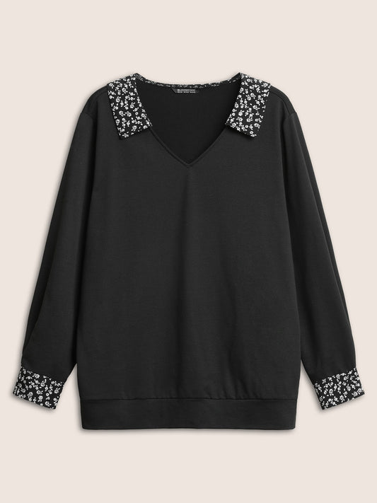 Ditsy Floral Patchwork Shirt Collar Sweatshirt