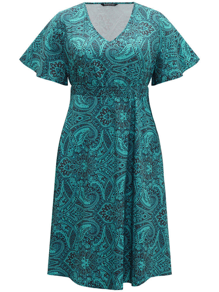 Bandana & Paisley Print Shirred Pocket Midi Dress