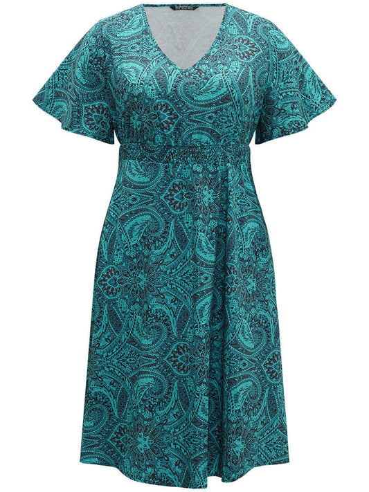Bandana & Paisley Print Shirred Pocket Midi Dress