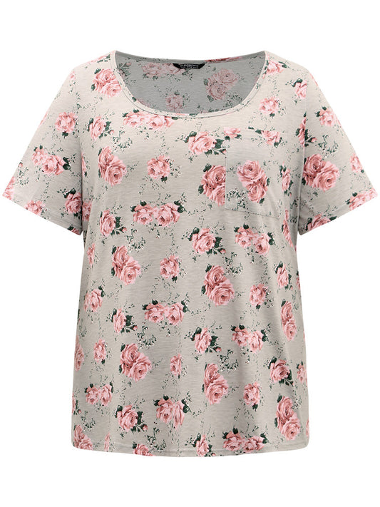 Floral Print Patched Pocket T-shirt