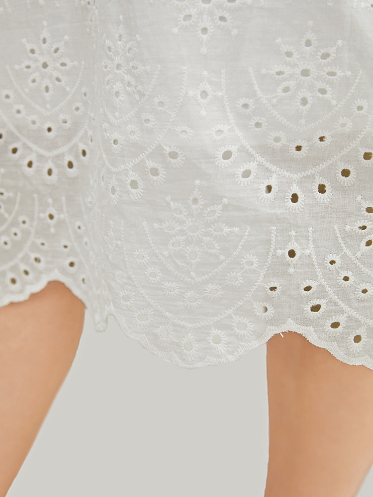 Solid Broderie Anglaise Pocket Cap Sleeve Scalloped Trim Dress