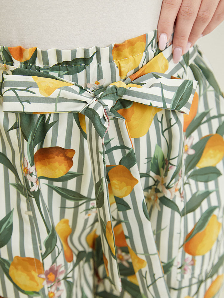 Lemon & Striped Print Paperbag Waist Pocket Knot Front Shorts