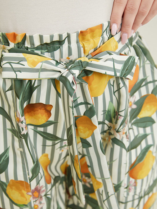Lemon & Striped Print Paperbag Waist Pocket Knot Front Shorts