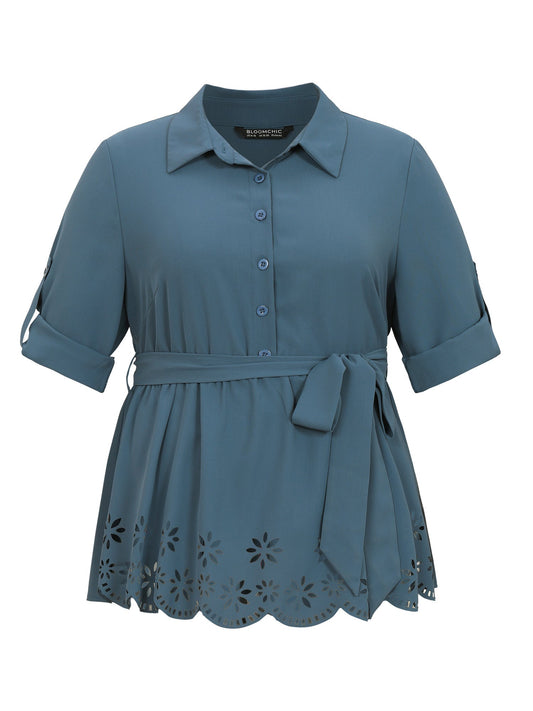 Static-Free Laser Cut Belted Scalloped Trim Blouse