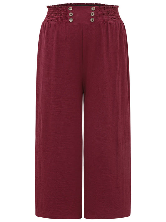 Button Detail Shirred Wide Leg Pants