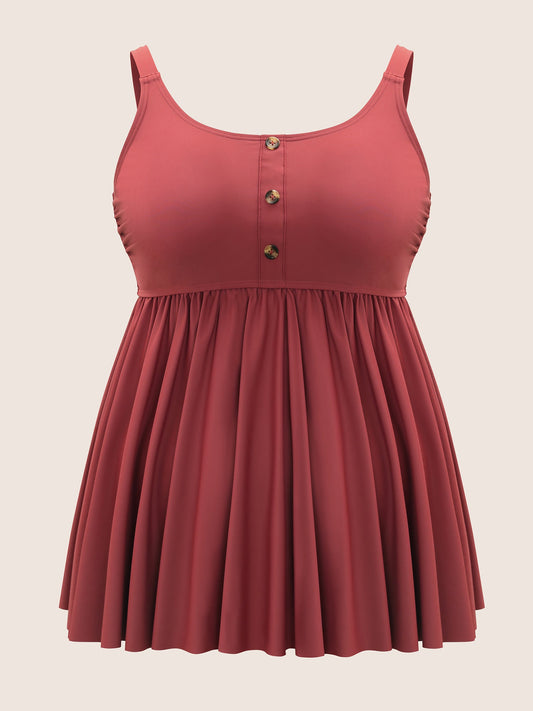 Plain Gathered Button Detail Swim Top