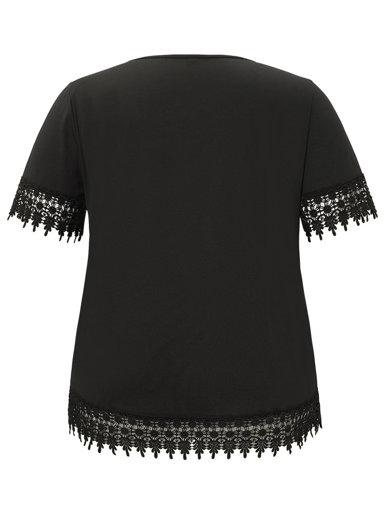 Plain Lace Trim Keyhole Tie Neck T-shirt