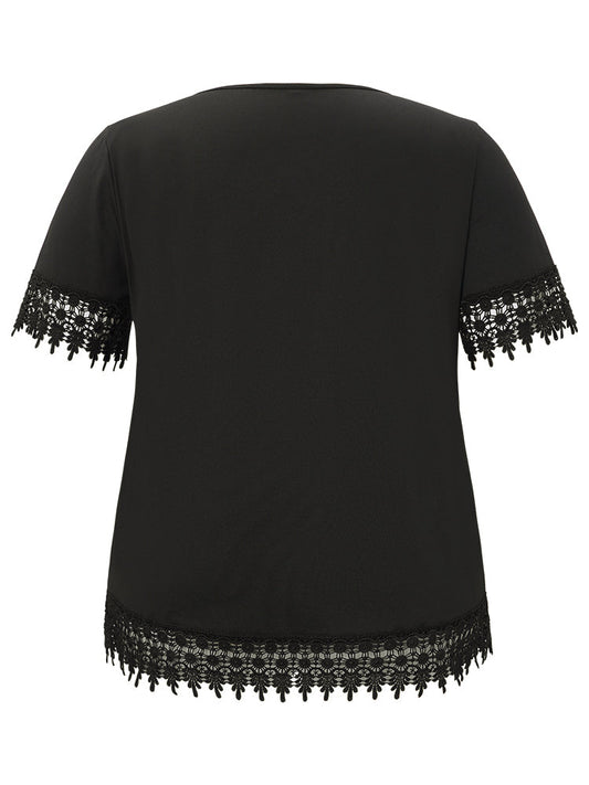 Plain Lace Trim Keyhole Tie Neck T-shirt