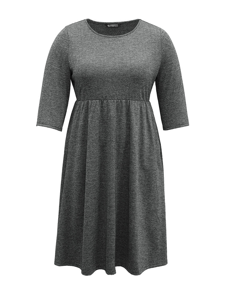 Plain Textured Pocket Elastic Waist Gathered Dress