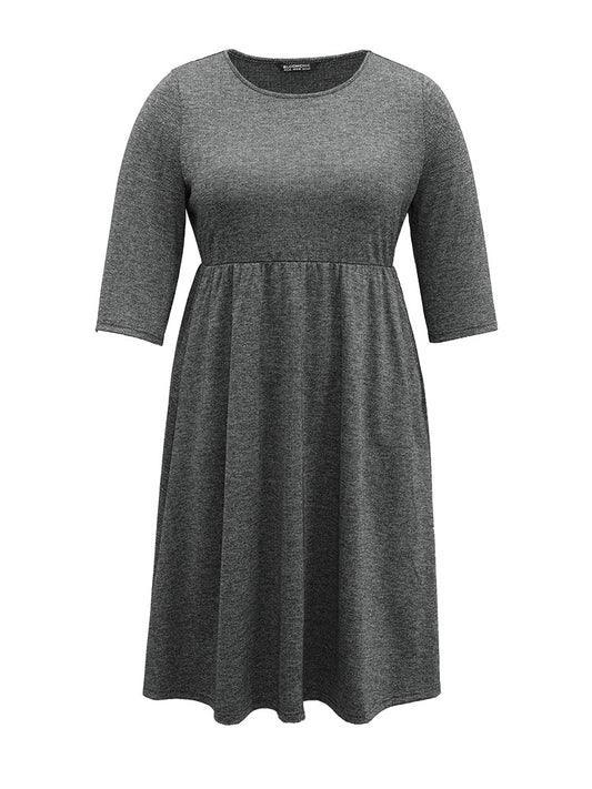 Plain Textured Pocket Elastic Waist Gathered Dress