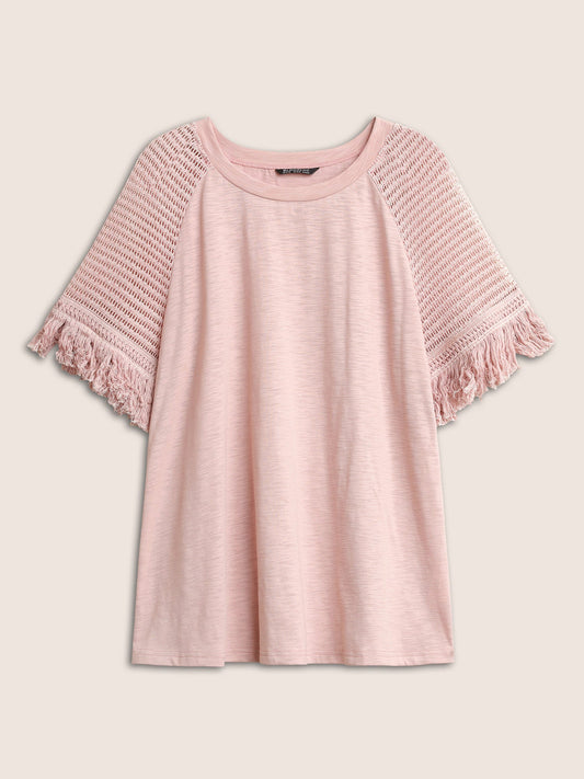 Solid Cut Out Raglan Sleeve Fuzzy Trim T-shirt