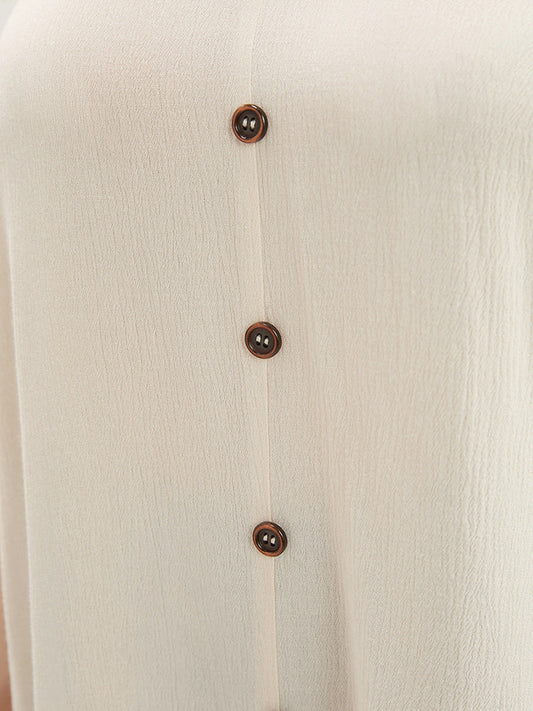 Solid Button Detail Crochet Lace V Neck Blouse