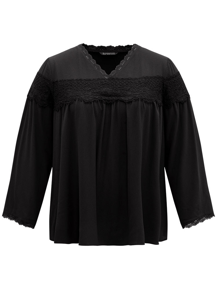 V Neck Lace Panel Gathered Blouse