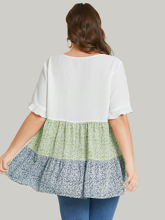 Ditsy Floral Ruffle Tiered Colorblock Contrast Blouse