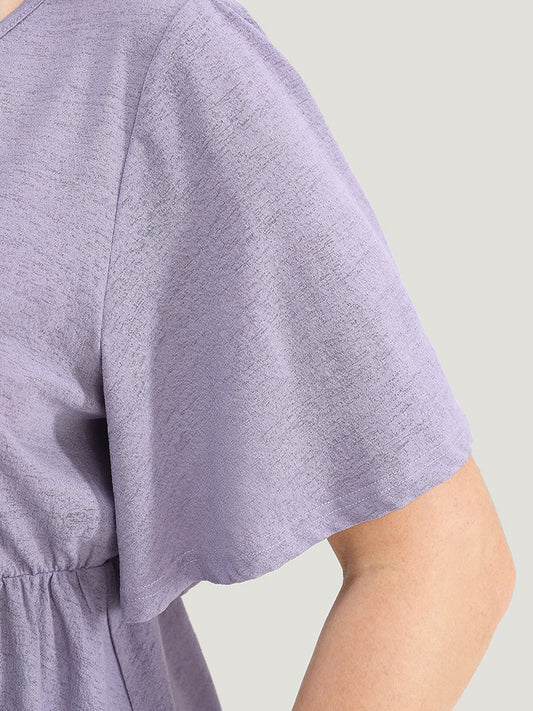 Plain Ruffle Sleeve Asymmetrical Hem Crisscross Neck T-shirt