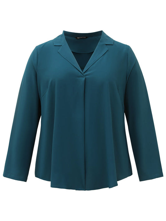 Solid Shirt Collar Plicated Detail Blouse