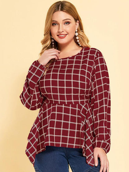 Plaid Irregular Hem Round Neck Blouse