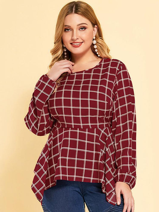 Plaid Irregular Hem Round Neck Blouse