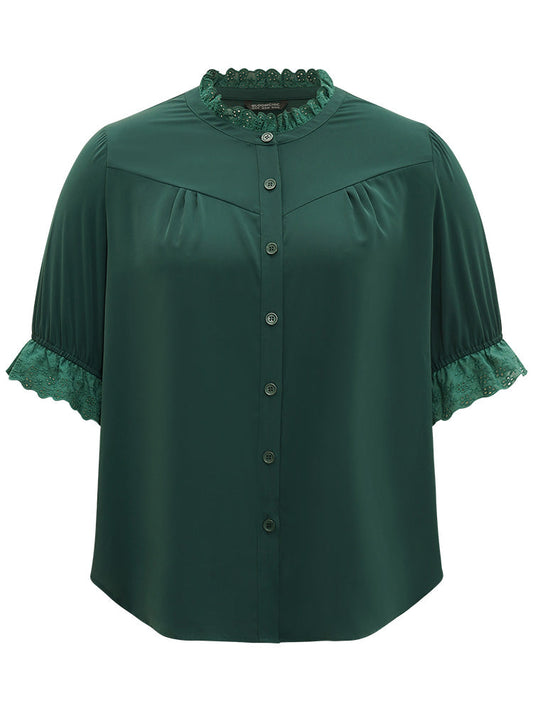 Solid Guipure Lace Button Up Curved Hem Blouse