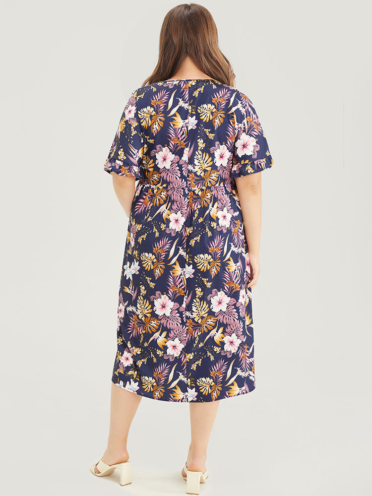Floral Printed Crew Neck Pocket Ruffle Trim Dress