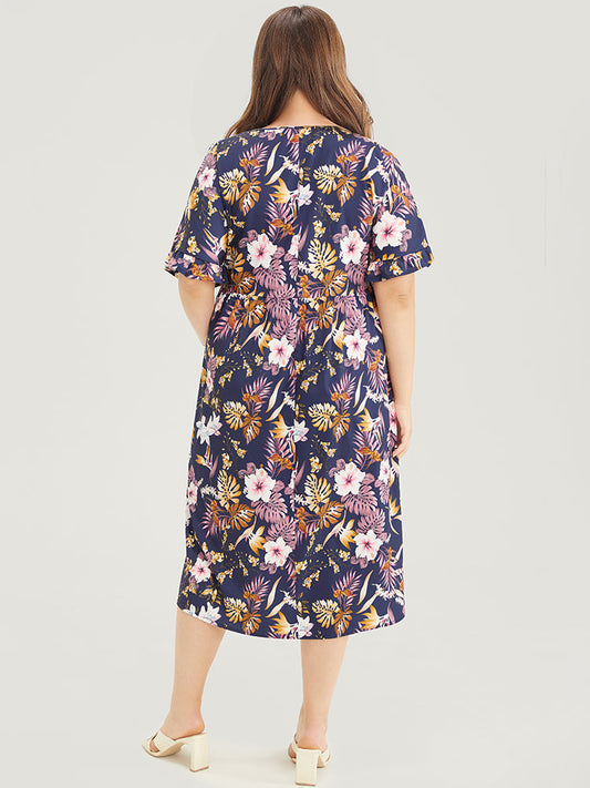 Floral Printed Crew Neck Pocket Ruffle Trim Dress