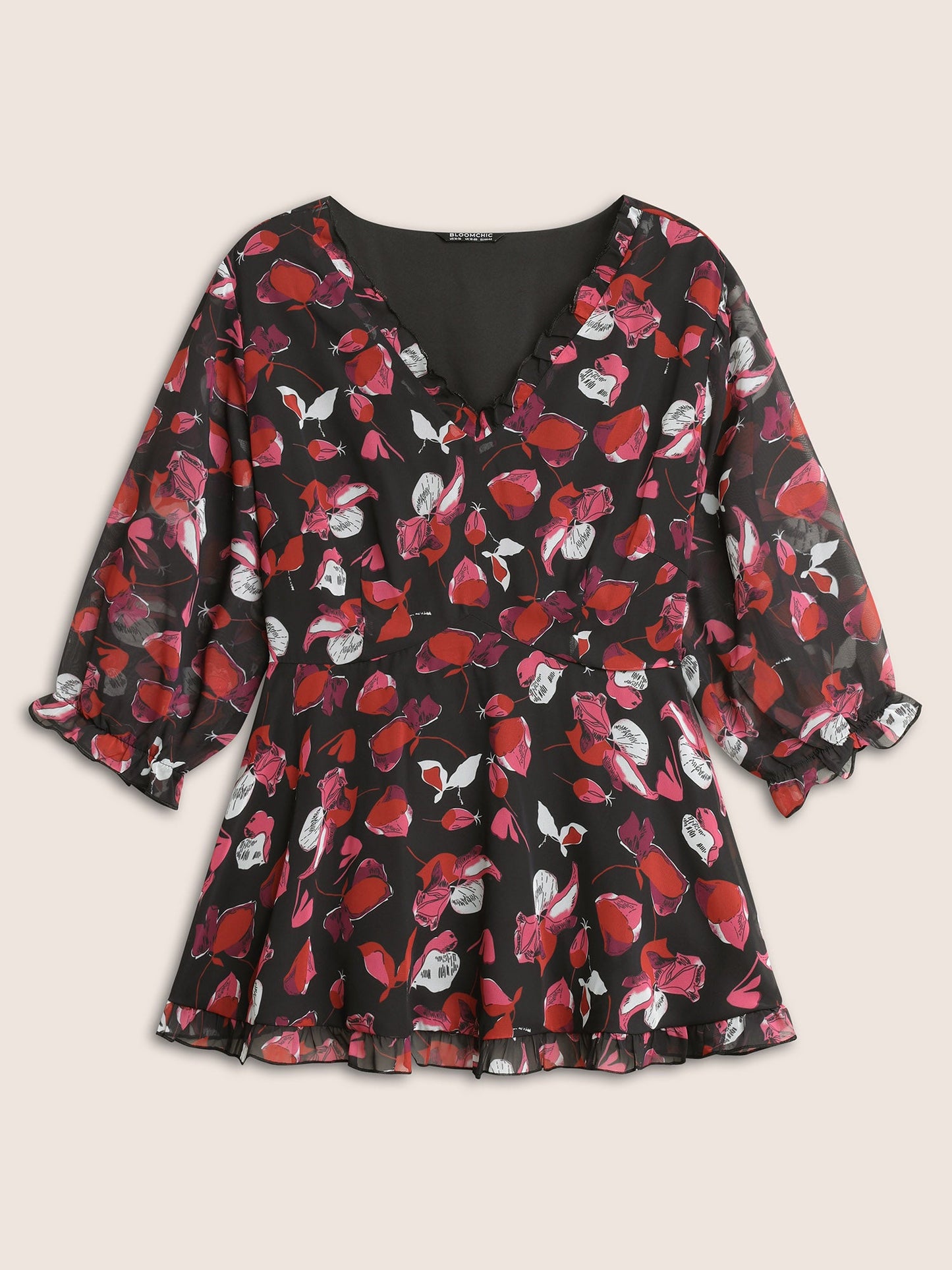 Floral Mesh Patchwork Ruffle Trim Blouse