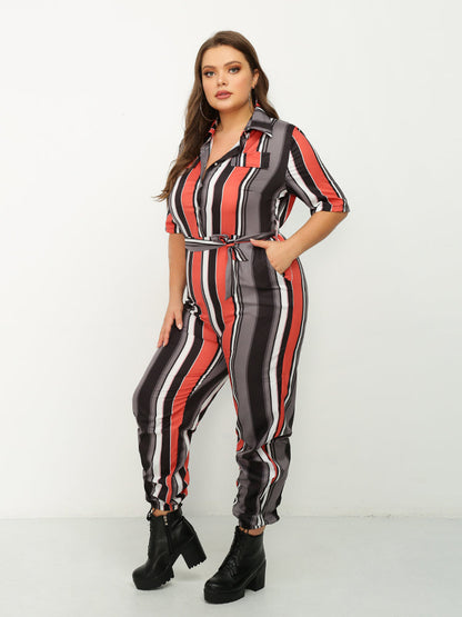 Color Striped Lapels Jumpsuit
