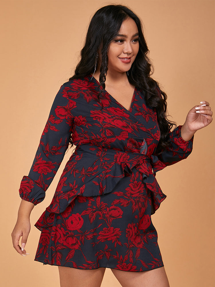 Floral Print Ruffles Tie Dress