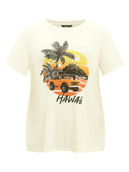 Coconut Tree & Car Print Crew Neck T-shirt