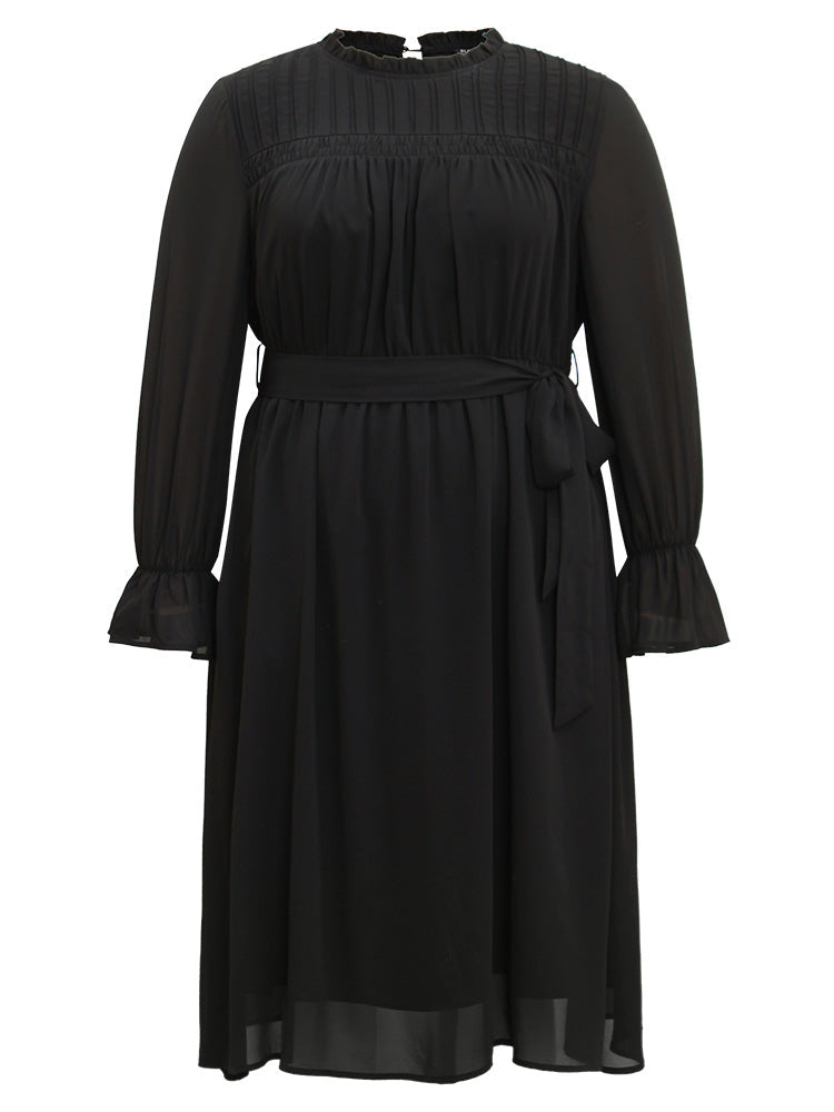 Plain Pleated Stand Collar Shirred Ruffles Dress