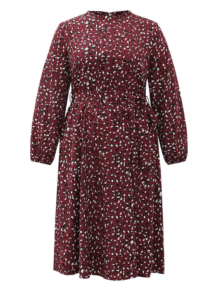 Allover Print Elastic Cuffs Frill Trim Belted Dress