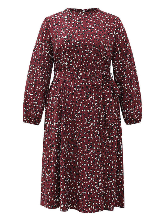 Allover Print Elastic Cuffs Frill Trim Belted Dress