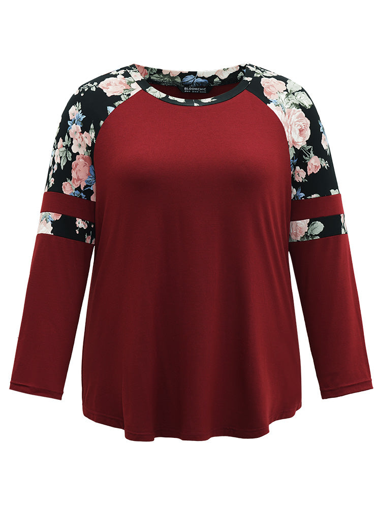 Floral Print Patchwork Raglan Sleeve T-shirt