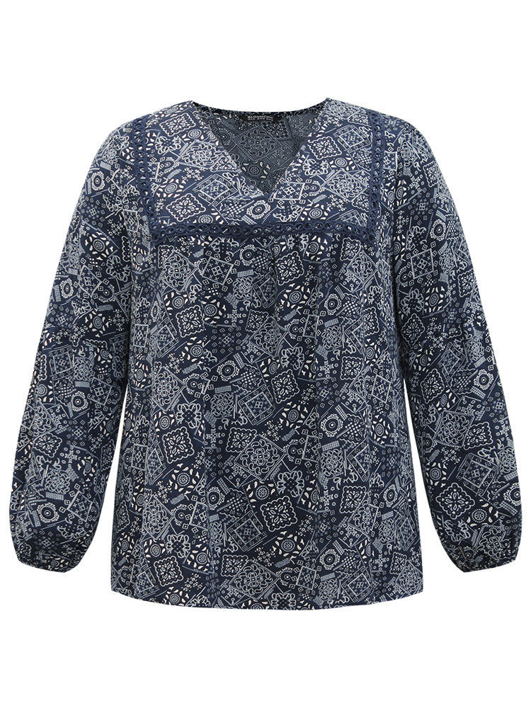 Bandana Lace Insert Lantern Sleeve Blouse