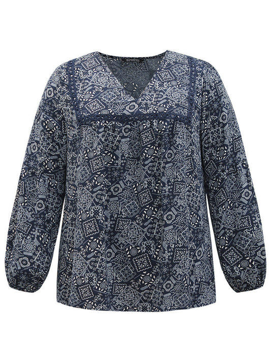 Bandana Lace Insert Lantern Sleeve Blouse