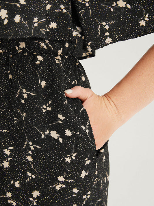 Ditsy Floral Square Neck Pocket Ruffle Trim Jumpsuit