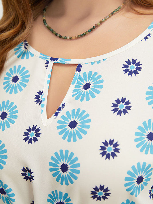 Floral Batwing Sleeve Keyhole Knotted Neck Split  Dress