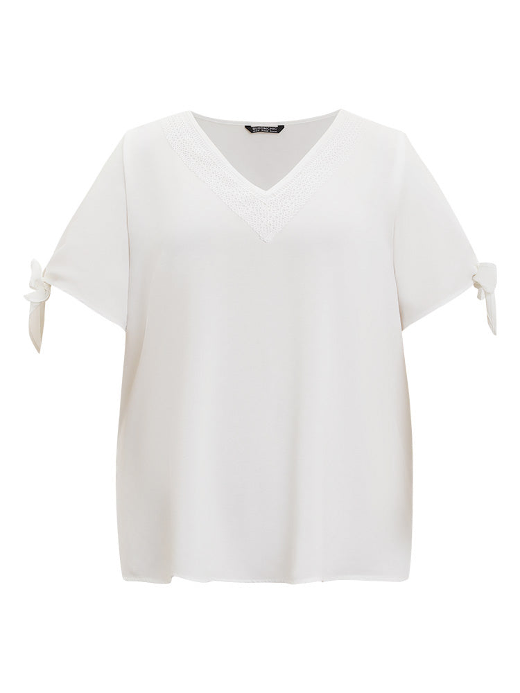 Anti-Wrinkle Plain Lace Cut Out Knot Sleeve Blouse