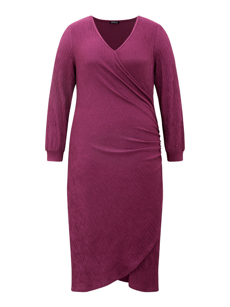 Plain Rib Knit V Neck Wrap Pleated Dress