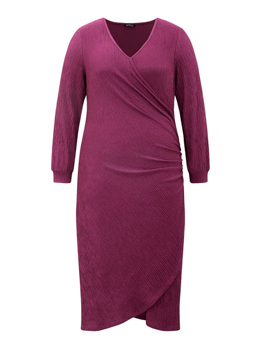 Plain Rib Knit V Neck Wrap Pleated Dress