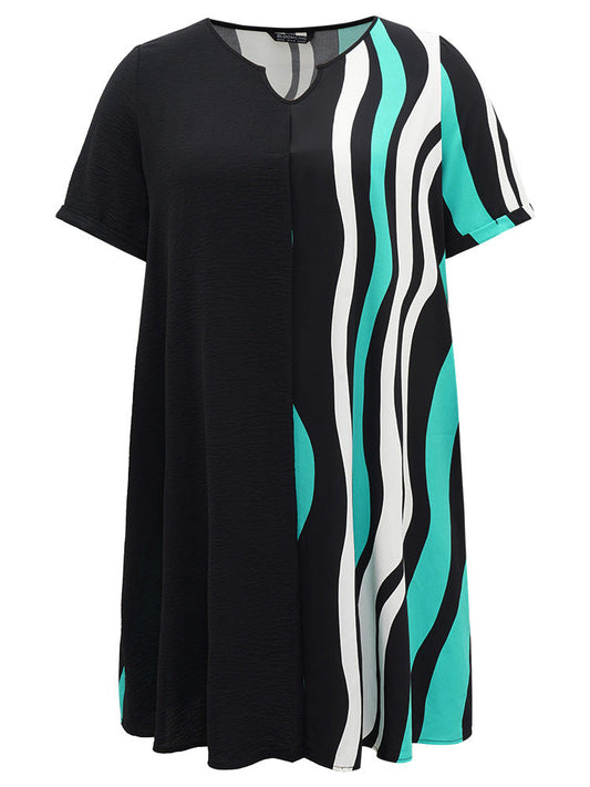 Striped Contrast Notched Pleated Roll Sleeve Dress
