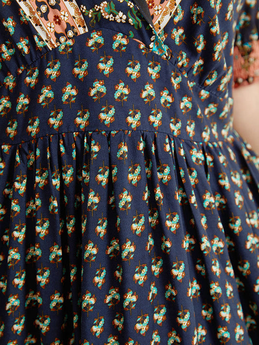 Bandana Print Shirred Puff Sleeve Pocket Wrap Empire Waist Dress