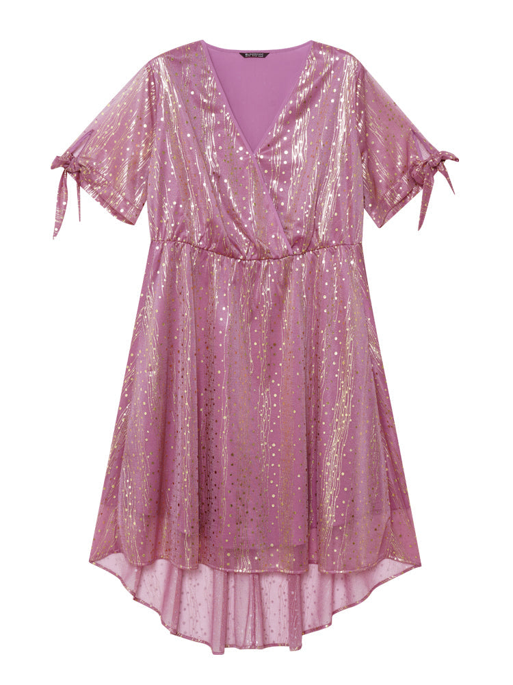 Polka Dot Glitter Pocket Bowknot Overlap Collar Dress