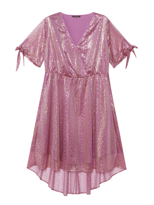 Polka Dot Glitter Pocket Bowknot Overlap Collar Dress