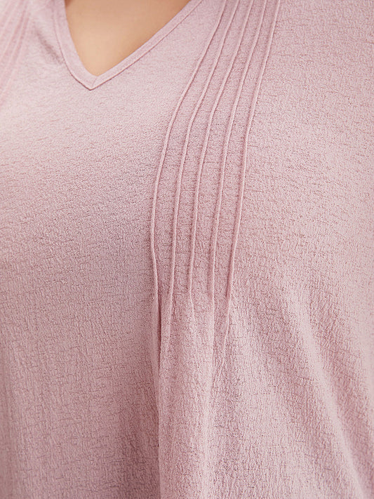 Plain V Neck Pleated Textured T-shirt